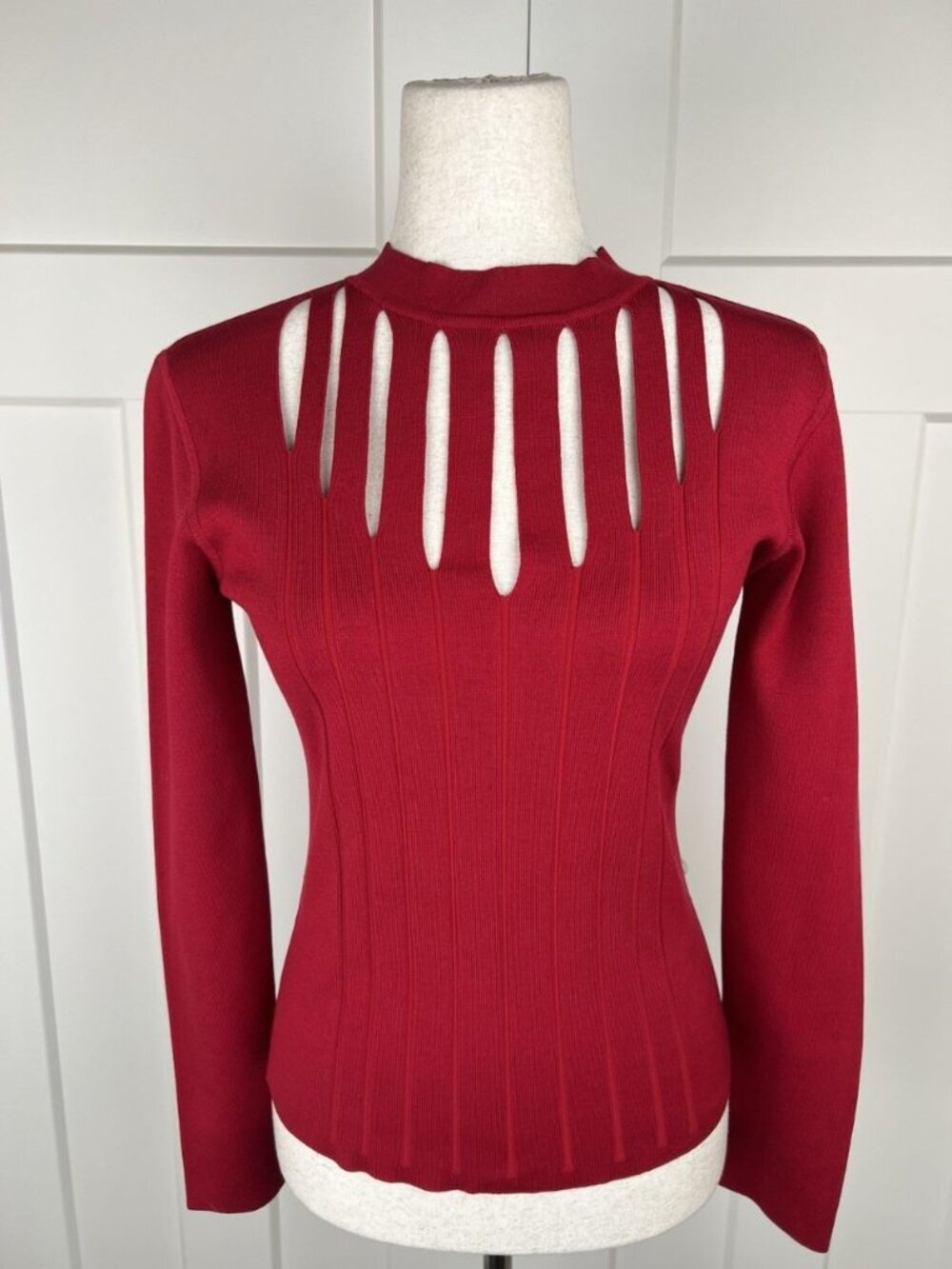 Vintage Cache Silk Blend Cutout Sweater Top M Garnet Red Mock Neck Ribbed Y2K